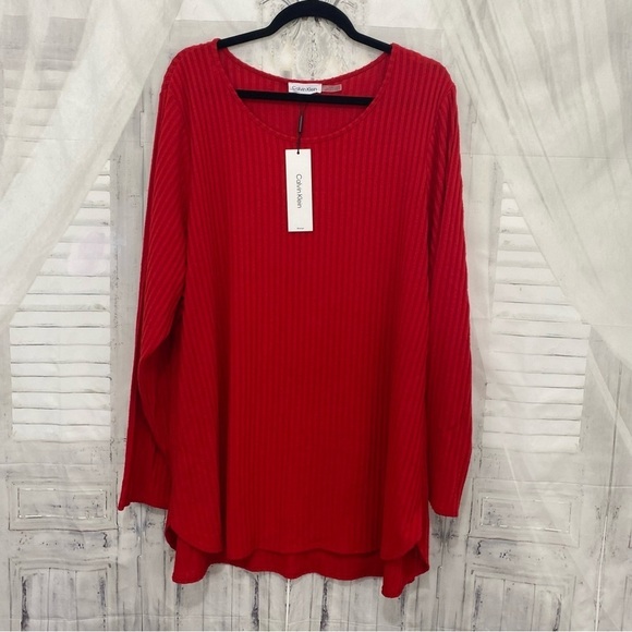 NEW Calvin Klein Size 2X Plus Red Ribbed Tunic Shirt Long Sleeve Pullover Hi-Low - Picture 7 of 11